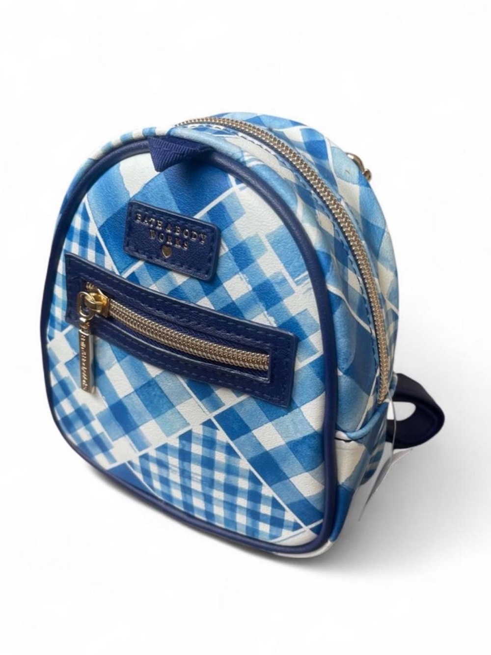 NEW Bath Body Works Blue White Plaid Checker Gingham Mini Backpack Gold Hardware